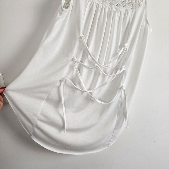 Cream Lace High-Low Top Sleeveless Button Up Sheer Blouse Small - Picture 10 of 13